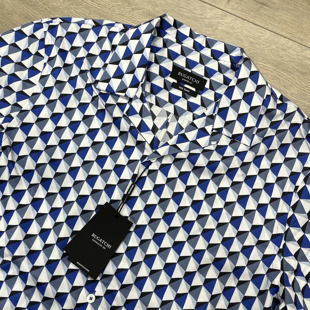 Bugatchi Shaped Fit Soft Touch Geometric S/S Button Up Shirt Loop Collar Sz M